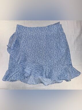 Blue Floral Ruffle Hem Women's Skirt Small